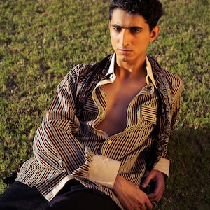 Ajrakh handblock printed cotton shirt for men lines print natural color