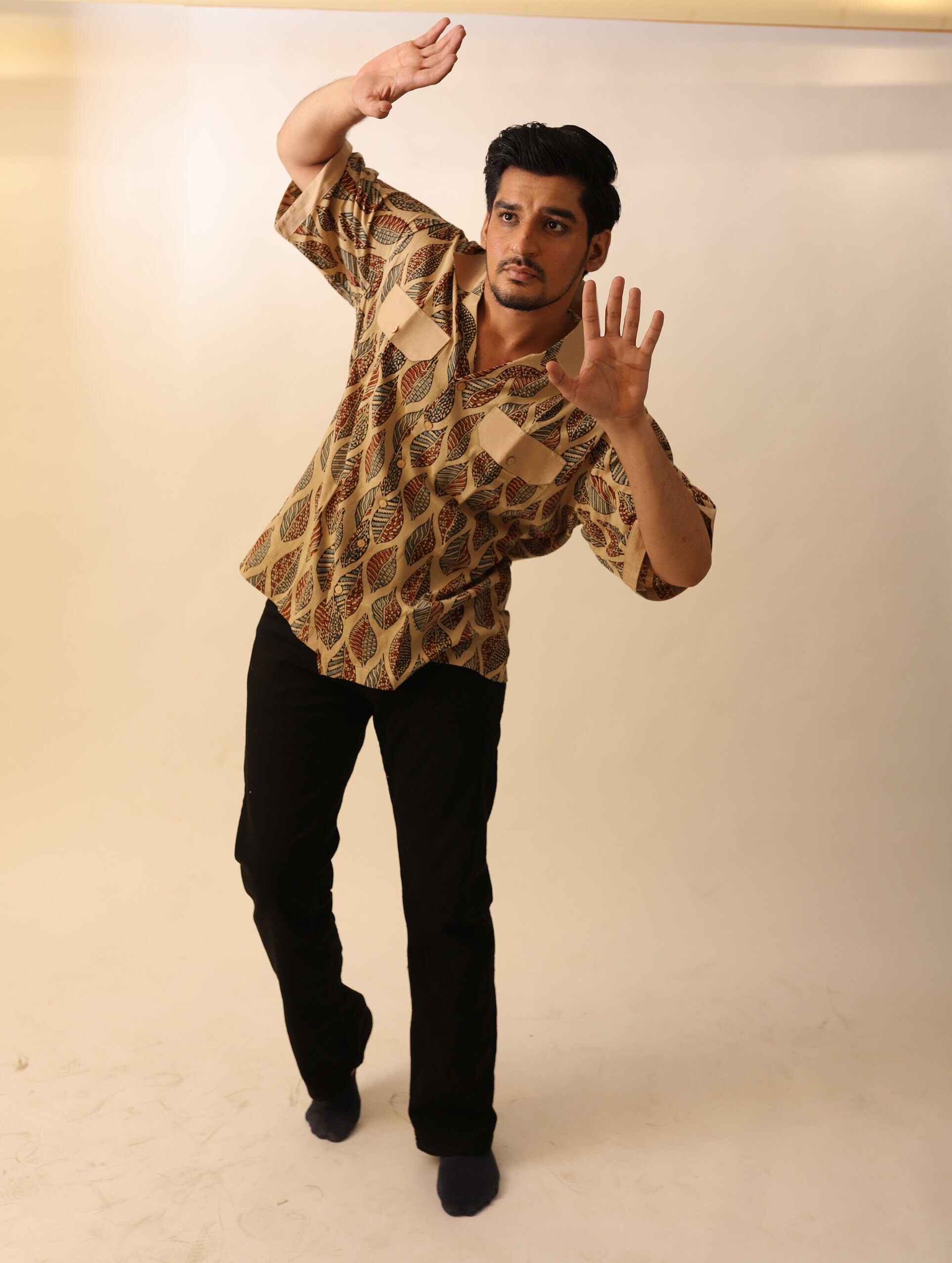 Shirt -24 - abstract handblock printed organic cotton shirt shirt in blue and pink