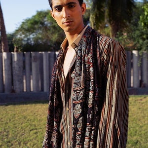 White - Natural Dyed Block Print Cotton Men Full Sleeve Ajrakh Shirt 02