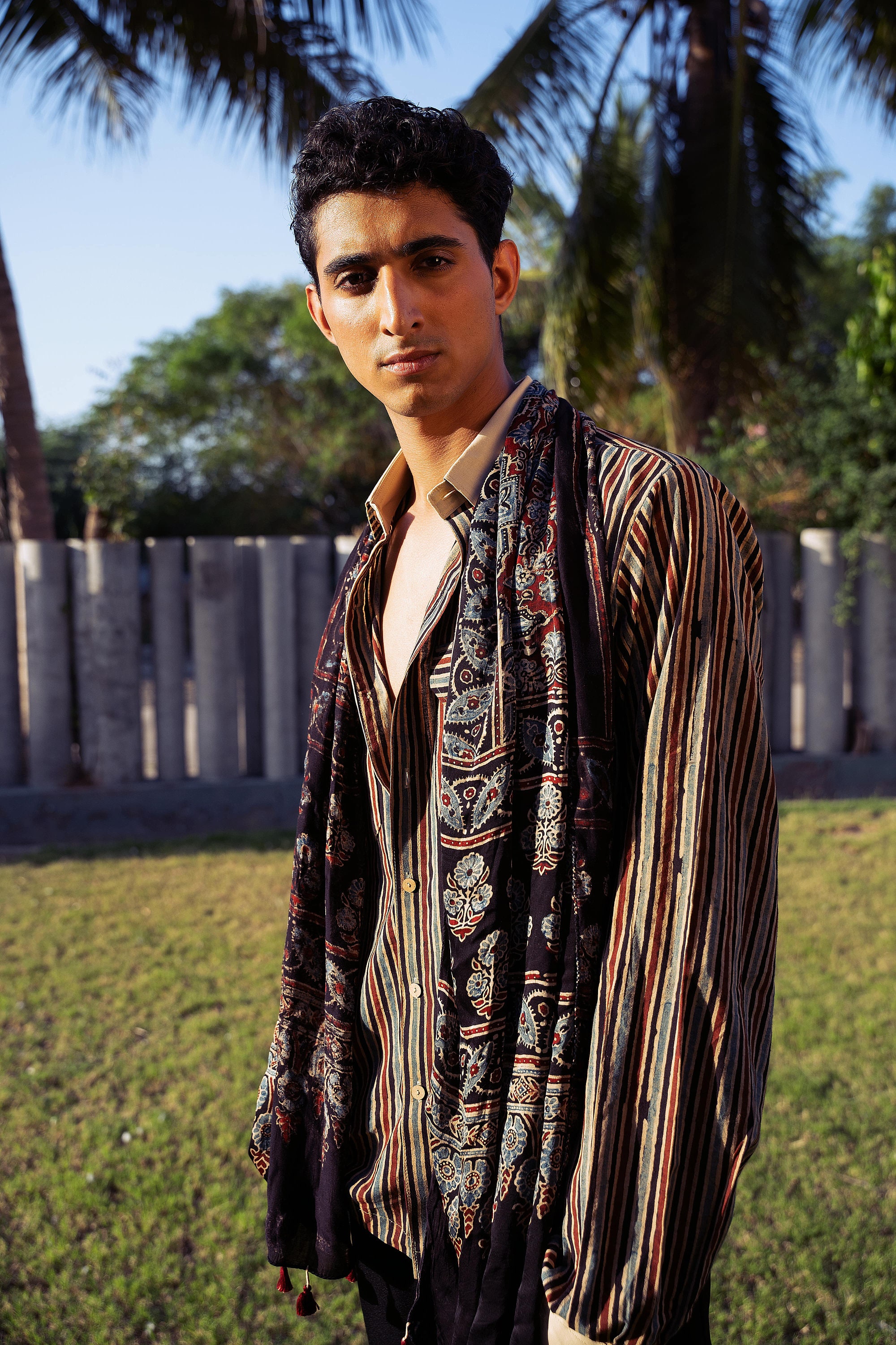 White - Natural Dyed Block Print Cotton Men Full Sleeve Ajrakh Shirt 05