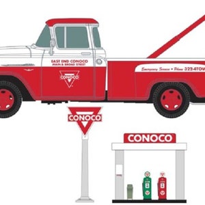 May include: A red and white tow truck with a Conoco logo and the text "East End Conoco Main & Broad Street" on the side. The truck has a tow arm and a sign that says "Emergency Service Phone 322-4TOW". There is also a Conoco gas station sign and a Conoco sign on a pole.