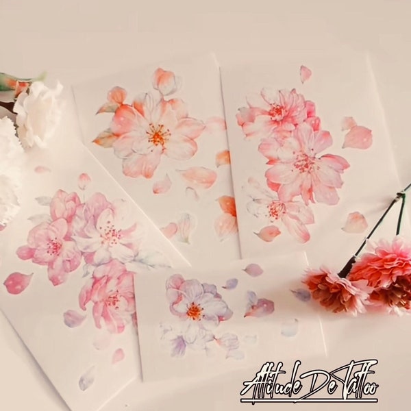 Tatouage temporaire fleurs de cerisier|Lot de 4|Tatouage floral|15 x 10 et 10 x 6 cm|Idée cadeau|Accessoire de festival/soirée|Faux tatouage|