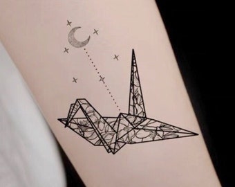 Floral Paper Crane & Moon Temporary Tattoo|Orizuru|Ukiyoe|Japanese Style Tattoo|6.5x11cm|Gift Idea|Festival/Party Accessory|Fake Tattoo|