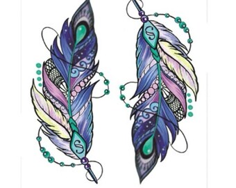 2Pcs Peacock Feather Temporary Tattoo|Good Luck|Bohemian|11.5x13 cm|Gift Idea|Party/Festival Accessory|Fake Tattoo|