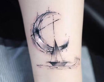 Sailing to the Moon Temporary Tattoo|Boat|Nautical|Size 9x10.5cm|Gift Idea|Festival/Party Accessory|Fake Tattoo|