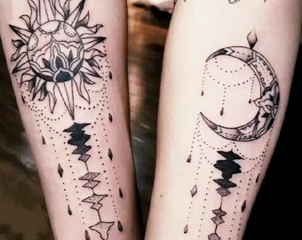Semi-Permanent Tattoo|Sun & Moon Tattoo|20.7x9.7 cm|Couple Gift|Festival/Party Accessory|Fake Tattoo|