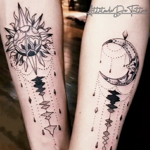 Tatouage semi-permanent|Tatouage soleil et lune|20,7x9,7 cm|Cadeau couple|Accessoire festival/fête|Faux tatouage|