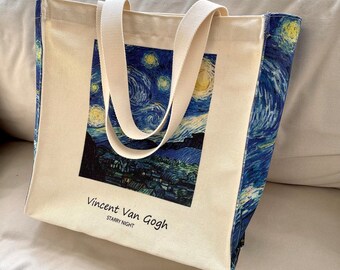 Van Gogh canvas draagtas, sterrennacht draagtas, canvas draagtas met ritssluiting, esthetische canvas draagtas, terug naar schooltas