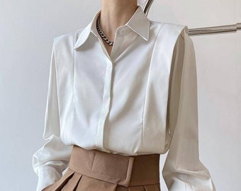 Vintage Satin Elegant Office Button up Blouse Shirt for Women, Dark Academia Clothing Plus size,Long Sleeve Casual Tops