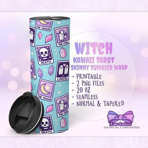 Baraja de cartas de tarot Kawaii Witch - envoltura de vaso - libro de hechizos y cristales, archivo PNG delgado y cónico, descarga digital de sublimación