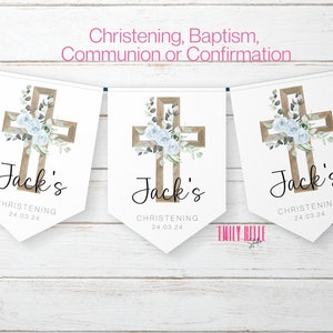 Personalised Christening Communion Baptism Bunting, Party Decoration Banner, Religious Celebration Garland, Any Name And Date, 4 Colours