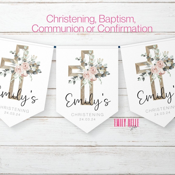 Personalised Christening Communion Baptism Bunting, Party Decoration Banner, Religious Celebration Garland, Any Name And Date, 4 Colours