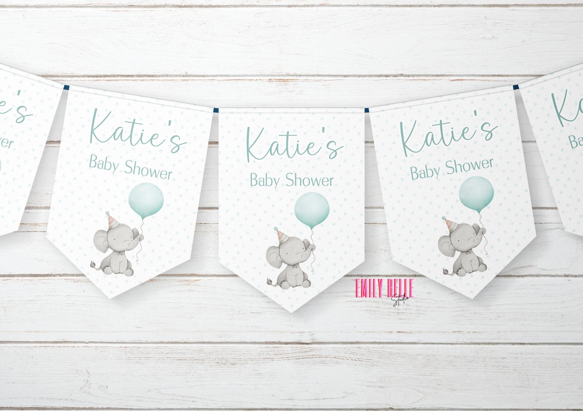 Personalised Baby Shower Bunting, Blue Baby Elephant Banner Party Decoration, Mummy To Be Gathering, Any Name And 3 Colours Available,