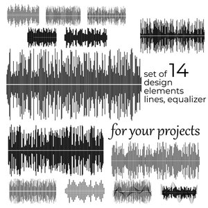 Peut inclure: Ensemble de 14 éléments de conception d'égaliseur noirs et gris, lignes et formes d'onde sur fond blanc. Le texte indique "set of 14 design elements lines, equalizer for your projects."