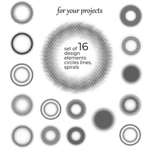 May include: Set of 16 black and white design elements, including circles, lines, and spirals, created using a halftone pattern. The text "set of 16 design elements circles lines, spirals" is included in the image.