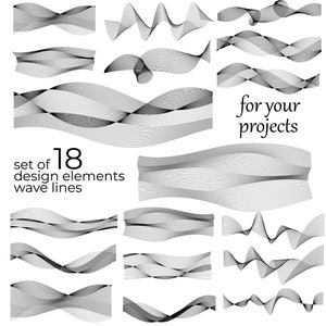 May include: Set of 18 grey wave line design elements for your projects. The lines are thin and delicate, creating a flowing and elegant look.
