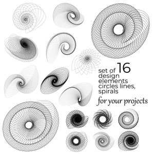 Può includere: Set di 16 elementi di design in bianco e nero, tra cui cerchi, linee e spirali. Il testo "set of 16 design elements circles lines, spirals for your projects" è incluso nell'immagine.