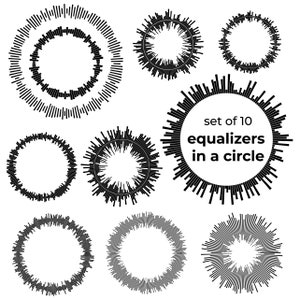 Puede incluir: Conjunto de 10 diseños gráficos de ecualizador circular en blanco y negro. El texto "set of 10 equalizers in a circle" está en el centro de uno de los diseños.