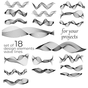 May include: Set of 18 black and white wavy line design elements. The text "set of 18 design elements wave lines" and "for your projects" is included in the image.