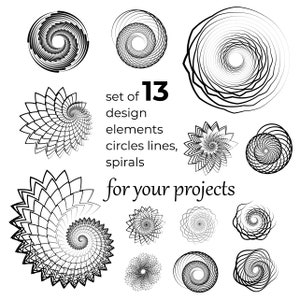 Puede incluir: Conjunto de 13 elementos de diseño en blanco y negro, que incluyen círculos, líneas y espirales. El texto "set of 13 design elements circles lines, spirals for your projects" está incluido en la imagen.
