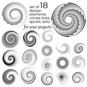 Könnte beinhalten: Satz von 18 schwarzen und weißen Designelementen, darunter Kreise, Linien, Spiralen und Punkte. Der Text "set of 18 design elements circles lines, spirals, dots for your projects" befindet sich oben im Bild.