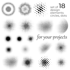 May include: Set of 18 black and white halftone dot design elements, circles, and dots for your projects.