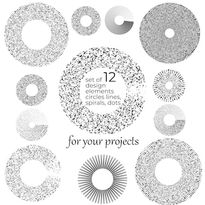 Op de afbeelding: Set van 12 zwart-witte ontwerpelementen, waaronder cirkels, lijnen, spiralen en stippen. De tekst "set of 12 design elements circles lines, spirals, dots for your projects" is opgenomen in de afbeelding.