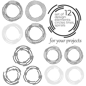 May include: Set of 12 black and white design elements, including circles, lines, and spirals.  The text "set of design elements circles lines, spirals for your projects" is included in the image.