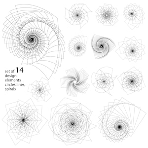 May include: Set of 14 black and white geometric design elements, including circles, lines, and spirals. The elements are arranged in a grid pattern on a white background.