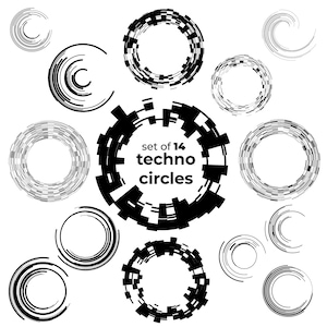 Puede incluir: Un conjunto de 14 círculos tecno en blanco y negro con varios diseños. Los círculos están compuestos por líneas, formas fragmentadas y patrones arremolinados. El texto "set of 14 techno circles" está en el centro.