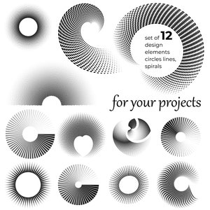 May include: Set of 12 black and white design elements, including circles, lines, and spirals. The text "set of 12 design elements circles lines, spirals for your projects" is included in the image.