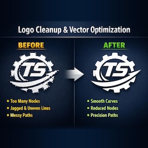 May include: A graphic comparing a logo before and after vector optimization. The "BEFORE" image shows a complex design with "Too Many Nodes", "Jagged & Uneven Lines", and "Messy Paths". The "AFTER" image shows "Smooth Curves", "Reduced Nodes", and "Precision Paths".