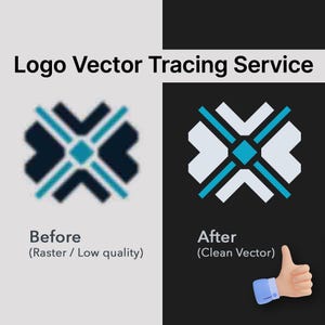 Może przedstawiać: Obraz porównujący niskiej jakości logo rastrowe z czystą wersją wektorową. Tekst "Logo Vector Tracing Service" znajduje się na górze. Logo "Przed" jest rozmyte, a logo "Po" jest ostre i wyraźne, z grafiką kciuka w górę.