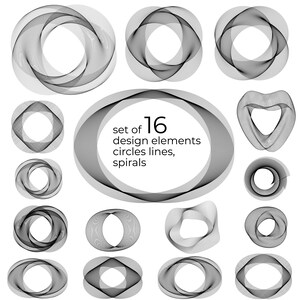 May include: Set of 16 black and white design elements, including circles, lines, and spirals. The text "set of 16 design elements circles lines, spirals" is in the center of the image.