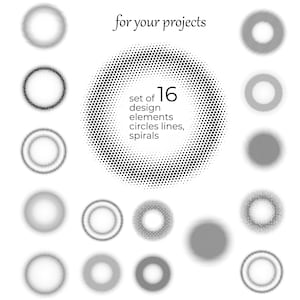 May include: Set of 16 black and white design elements, including circles, lines, and spirals, created using a halftone pattern. The text "set of 16 design elements circles lines, spirals" is included in the image.