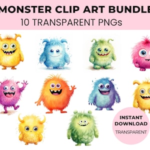 Pacote de clipart de monstros assustadoramente divertidos - clipart de monstro fofo, monstro kawaii PNG, imagens transparentes para festa, scrapbooking, artesanato