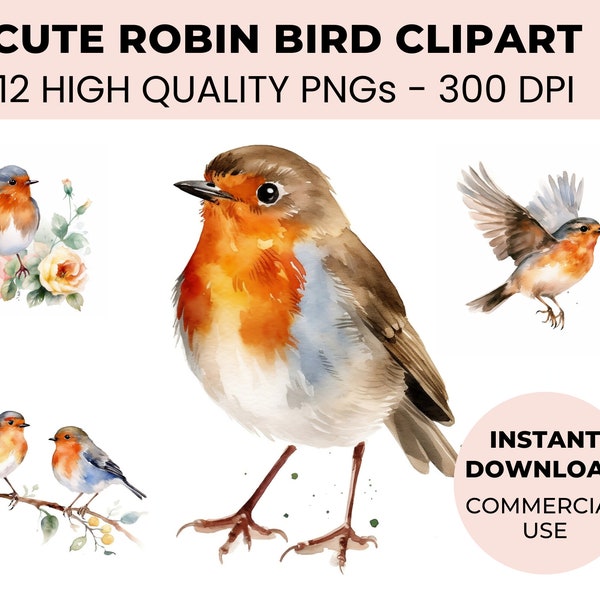 Robin Bird Clipart Bundle - 12 Cute Bird Clipart PNGs - Watercolor Robin Bird Images - Nursery Decor, Ready-to-Use Artwork, Scrapbooking