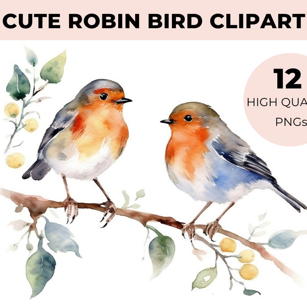 Set of 12 Robin Bird Clipart images - Cute Bird Clipart PNGs - Watercolor Robin Bird Images - Nursery Decor, Ready-to-Use Artwork, Crafts
