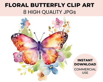 Floral Butterfly Clipart Set - 8 Colorful Butterflies and Flower Illustrations in JPG Format, Perfect for Scrapbooking and Commercial Use