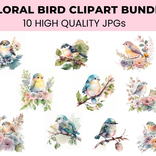 Floral Bird Clip Art Bundle - Set of 10 High-Quality JPGs - Instant Digital Download - Scrapbooking, Card Making, Crafts, Paper Projects