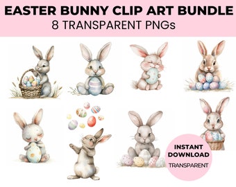 Cute Easter Bunny & Easter Egg Clip art Bundle - 8 Transparent PNGs, High-Quality 4096x4096 px, 300 DPI, Easter Invitation, Bunny Graphics