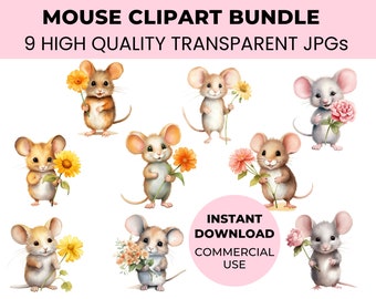Cute Mouse Clipart Bundle - 9 Transparent PNG Images - Floral Mice Clipart Pack, Watercolor clipart, Nursery Art, High-Quality 300 DPI