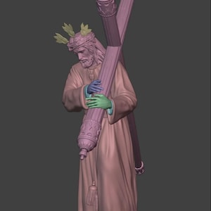 May include: A statue of a figure in a long robe, carrying a large cross. The figure has a beard and a crown of thorns. The statue is in shades of pink and purple.