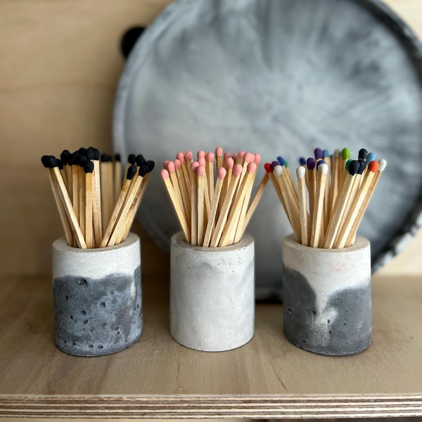 Mini match pot with coloured matches, coloured tip matches, rainbow matches, concrete succulent pot, minimalist design, new home