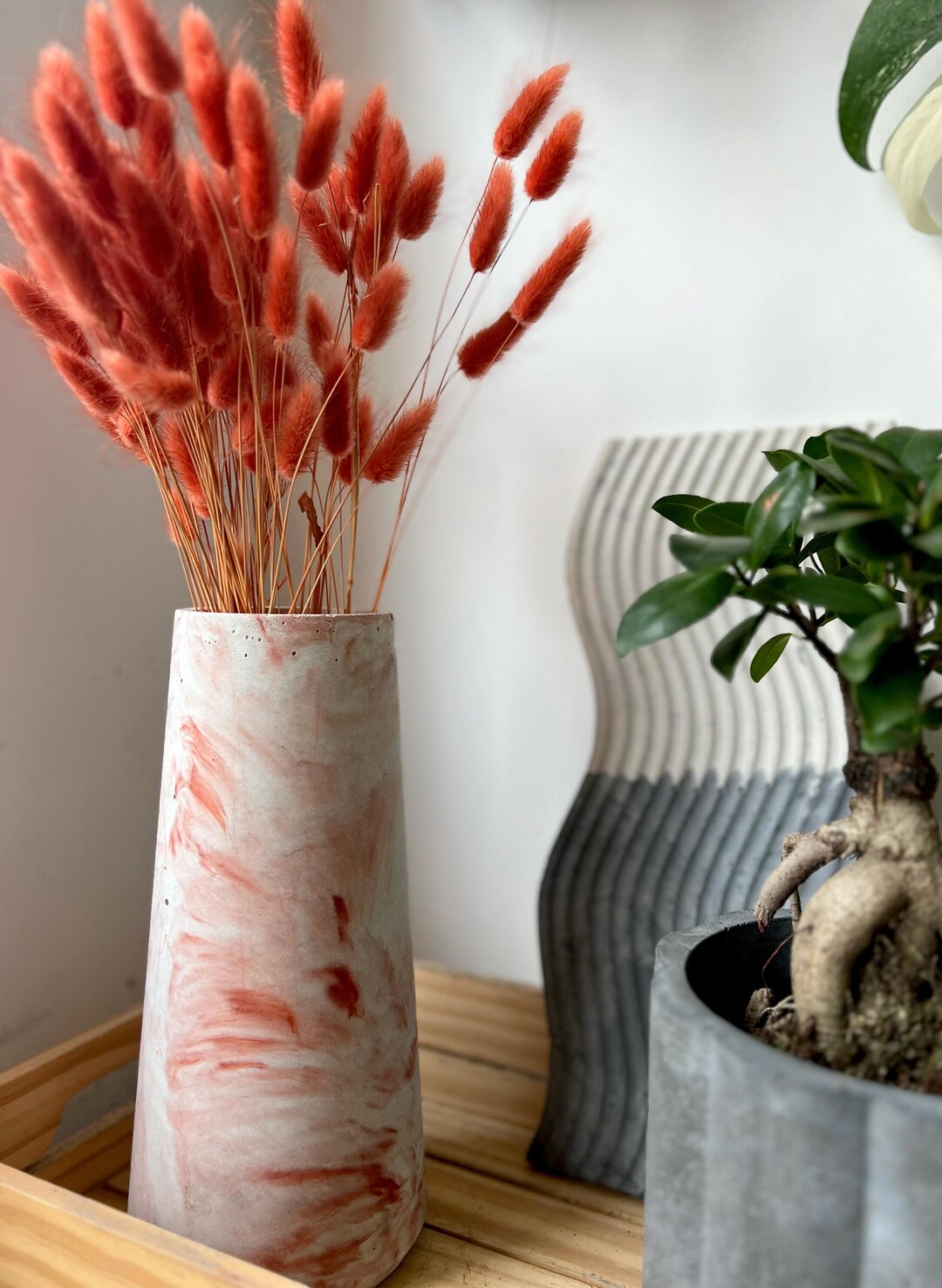 Concrete Vase, Bunny Tails Lagurus Ovatus, Minimalist Marble Vase, Pink