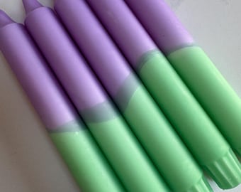 Purple Lilac and Mint Green Ombré Hand-Dipped Dinner Candles: Pastel Two-Tone Table Decor