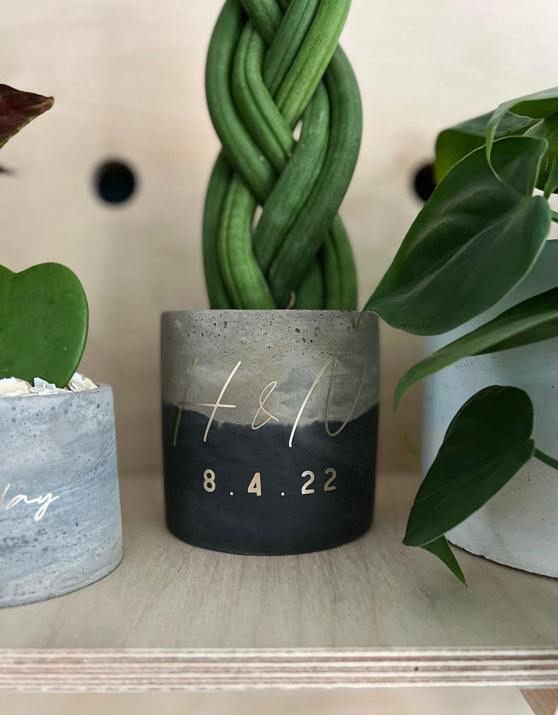 May include: A concrete planter with a two-tone design, featuring a gray top and a black bottom. Gold lettering displays the initials "H & V" and the date "8.4.22". The planter holds a green, braided plant.