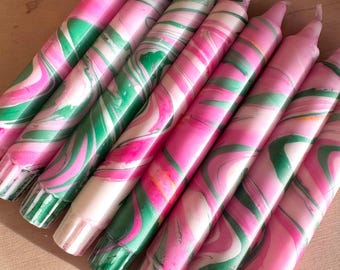 Green and Pink Marble Hand-Dipped Dinner Candles: Neon Pastel Two-Tone Table Decor