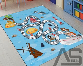 Treasure Hunt Children's Play Rug Pirates Motif Colourful Mat Boys Room Carpet 
