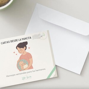 May include: A greeting card with the text "Letters from the Tummy" in Spanish, featuring an illustration of a pregnant person holding a baby. The card is accompanied by a white envelope. The card's design includes a mint green border and small hearts.